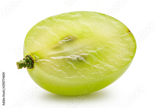 A single green grape cut in half, isolated on a pure white background