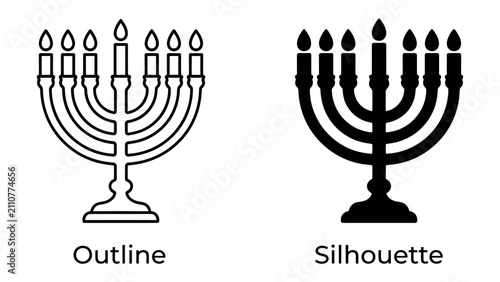 Fotografie Menorah Outline and Silhouette: A graphic representation of a Menorah, shown in both a clean outline and a bold silhouette, symbolizing tradition and faith