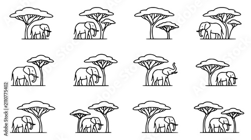 Obraz na plátně African Elephants Under Acacia Trees - Minimalist Line Art Collection