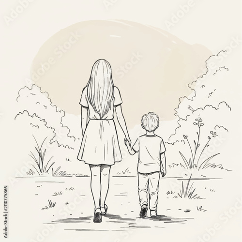 Quadro su tela Woman and Child Walking Hand in Hand.