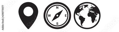 Three black showing a location pin, a compass with a needle, and a globe with continents, isolated on a white background, for global navigation