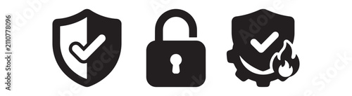 Three black showing a shield with a checkmark, a closed padlock, and a shield with a gear and fire symbol on a white background, for security