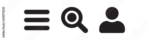 Three black ui showing a horizontal menu list, a magnifying glass for search, and a user profile silhouette on a plain white background, for websites