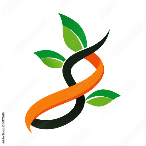 Eco friendly green leaves with orange ribbon swirl and black line forming natural growth symbol for sustainability and organic brand logos.