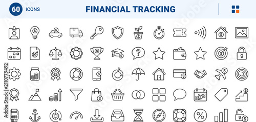 Savings Goal App Icons line icon set. Vector pictograms of banking, investment, planning, and interface elements, thin linear illustration.