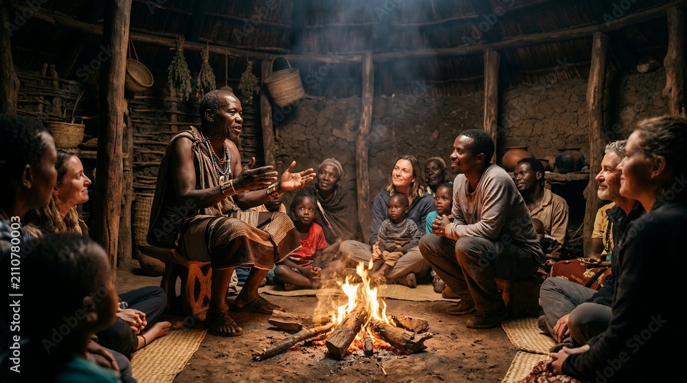 Fototapeta premium Indigenous man sharing stories around a campfire with a diverse group of people.