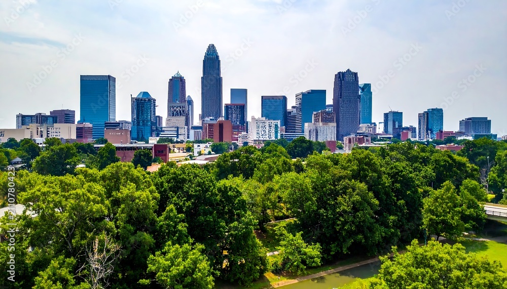 Fototapeta premium Aerial view of a city skyline with tall buildings, set against a bright sky, lush green trees