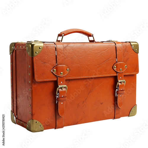 Vintage brown leather briefcase with brass hardware, buckles, and straps, exhibiting a classic, rugged travel style