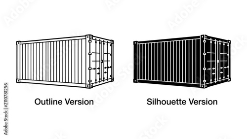 Foto Shipping Container Outline and Silhouette: Two identical shipping containers are presented, one as a line drawing outline and the other as a solid black silhouette