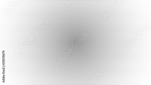 Black and white halftone dot pattern with a radial gradient effect, featuring small circular shapes transitioning from dense center to sparse edges