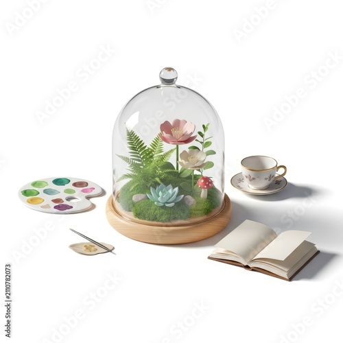 Enchanted Miniature Garden Under Glass Dome with Artistic Elements.