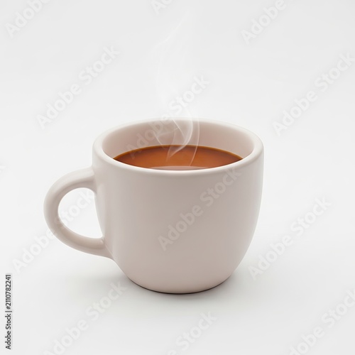 Steaming hot coffee in a white ceramic mug on a clean white background.