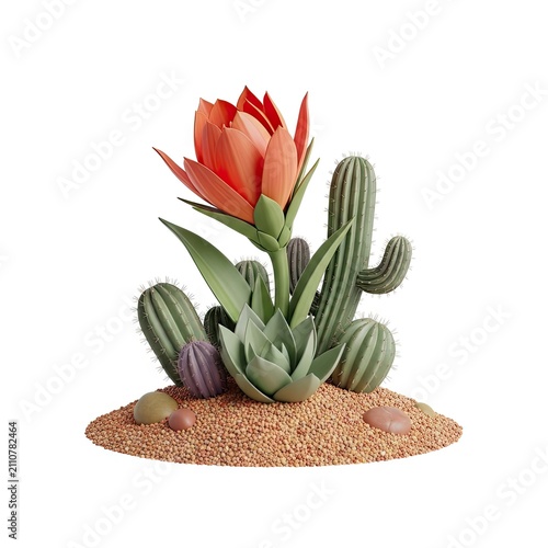 Vibrant Desert Bloom - A Stunning Arrangement of Cacti and Succulents with a Striking Orange Flower.