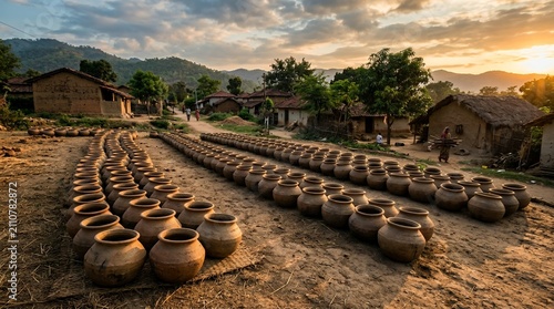 Traditional Pottery Village Scene at Sunset with Rows of Clay Pots.