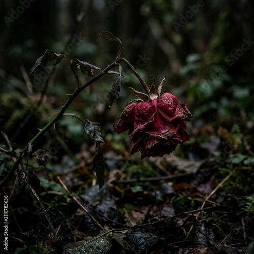 Wilting Red Rose in Dark Forest Setting.