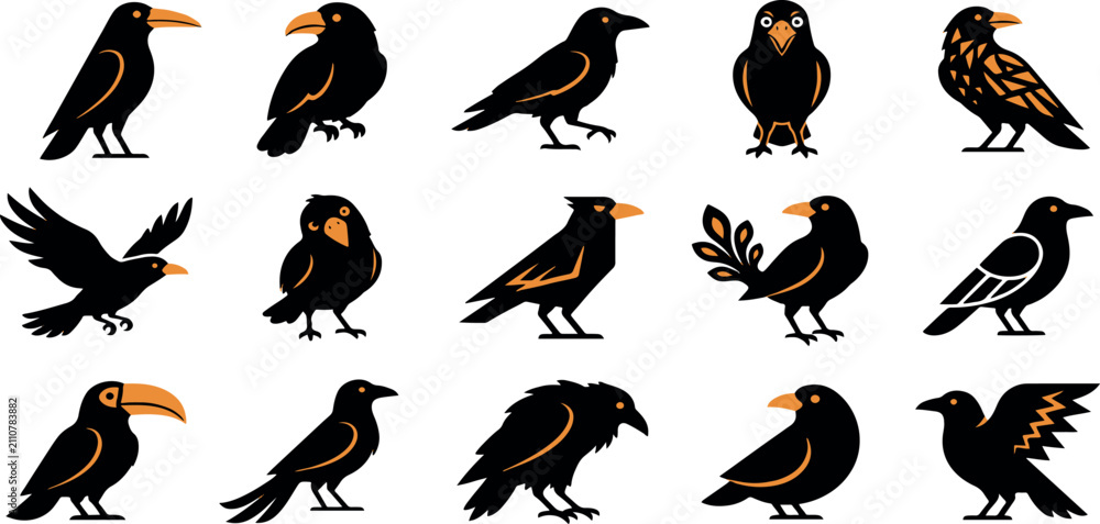 Naklejka premium Set of various crow and raven bird illustrations in a vintage woodcut or linocut style