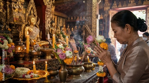 Woman praying in a Buddhist temple with offerings and statues.