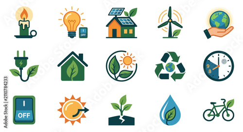 Dynamic Illustrated Icons Set Featuring Eco Friendly Concepts with Bright Colors Including Wind Turbines Solar Panels Light Bulbs Recycling and Nature Elements