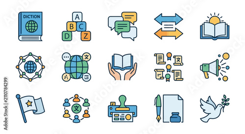 Dynamic Illustrated Icons Set Featuring Language Education Communication and Global Concepts in Vibrant Blue Green and Orange
