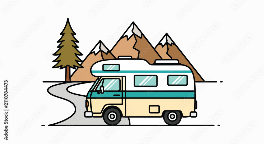 Obraz premium Camper Van Adventure: A vintage camper van embarks on a scenic journey along a winding road, surrounded by majestic mountains and lush pine trees.