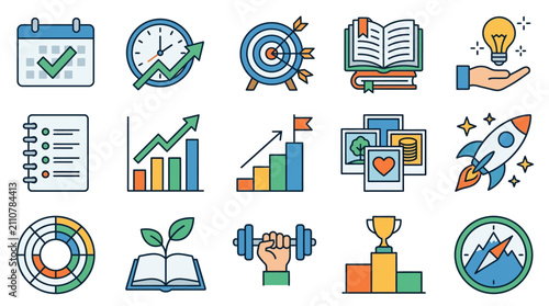 Dynamic Illustrated Icons Set Featuring Productivity Growth Success and Achievement Concepts in Flat Design