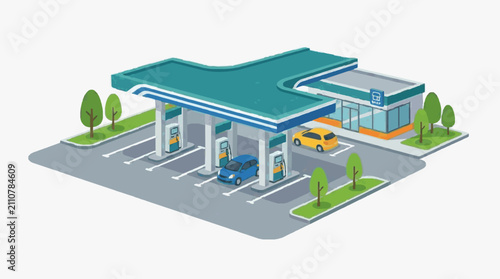 Modern Gas Station Parking Area with Vehicles.