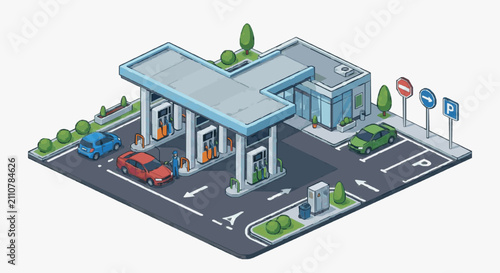 Modern Gas Station Parking Area with Vehicles.
