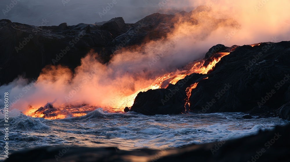 Fototapeta premium Lava entering ocean creating black rock with steam, sunset glow, wide depth seascape, geology and nature aesthetic