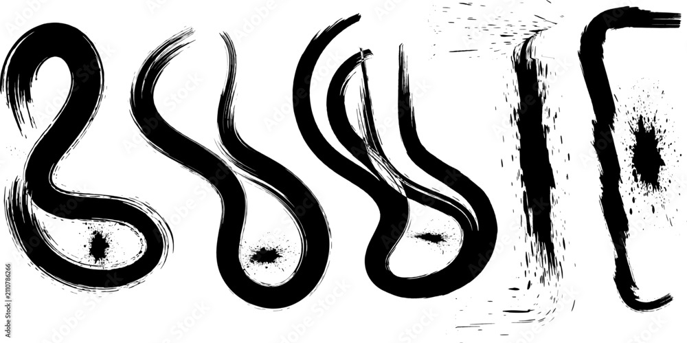 Fototapeta premium Abstract black ink brush strokes forming organic shapes on a plain surface area