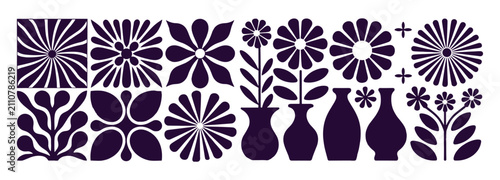 Foto Floral Pattern Illustration: A captivating graphic illustration showcasing a vibrant array of stylized floral elements and decorative vases, rendered in a harmonious dark purple hue