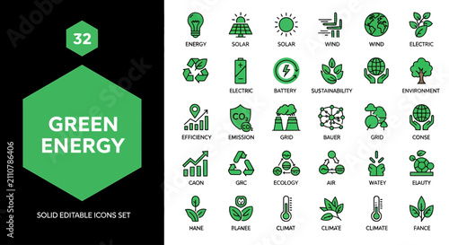 Set of 32 Green Energy Vector Icons Eco-Friendly, Renewable, Sustainability, Environment, and Technology Concepts for Modern Design