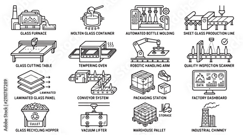 Schilderij op canvas Industrial glass manufacturing icons set, 16 factory production line vector elem