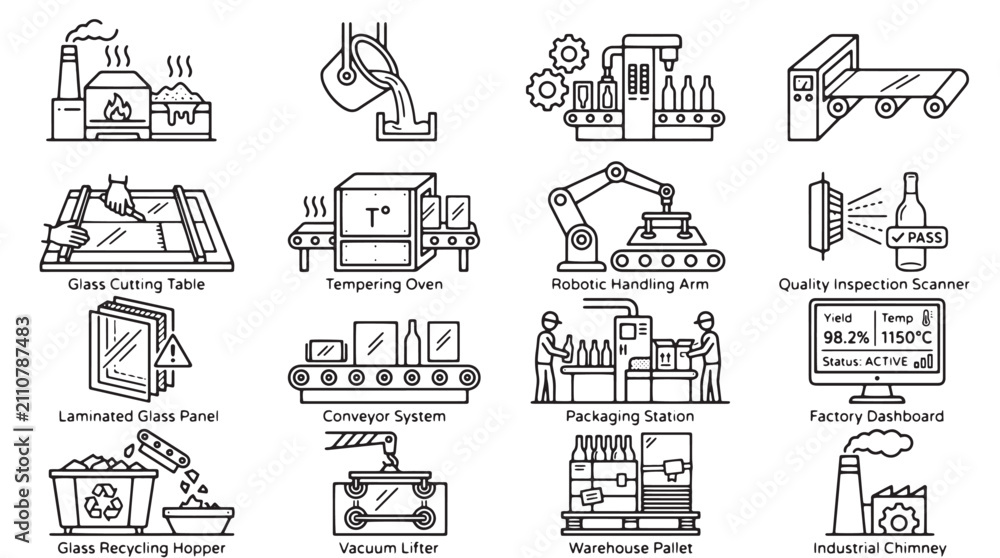 Obraz premium Industrial glass manufacturing icons set, 16 thin line vector illustrations of factory production machinery, glass processing and recycling equipment