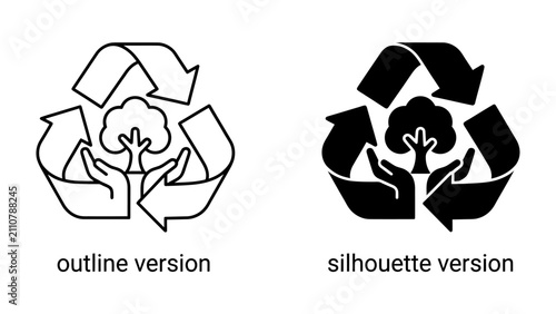 Recycling Symbol with Tree and Hands: An outline and silhouette graphic of a recycling symbol, symbolizing environmental conservation, with hands cradling a growing tree.