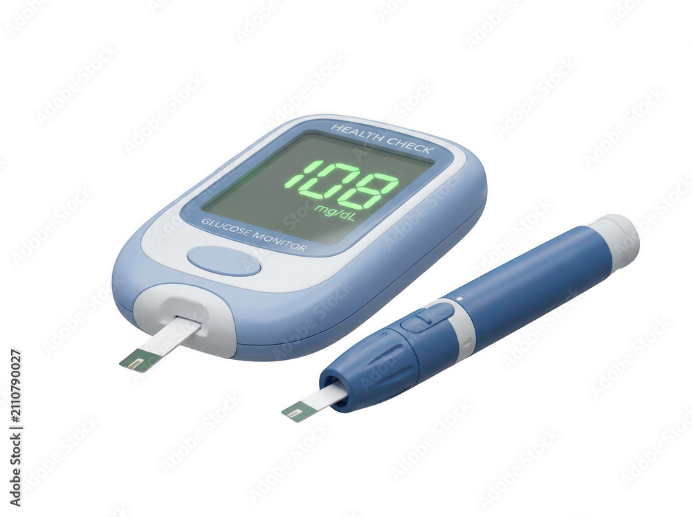 Fototapeta premium Person using a blue digital blood glucose meter at home
