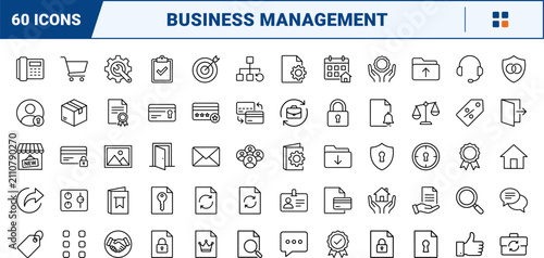 Business takeover line icon set. Vector pictograms of management, handover, transition, and ownership elements, thin linear illustration.