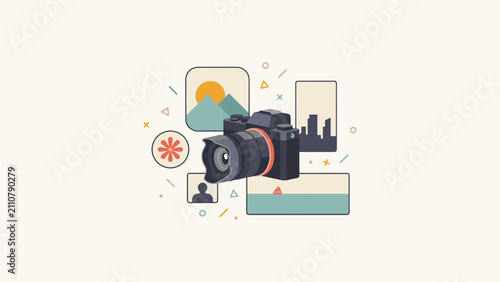 Modern camera surrounded by photo frames - Great for photography studio branding, camera gear ads, or creative portfolio graphics.