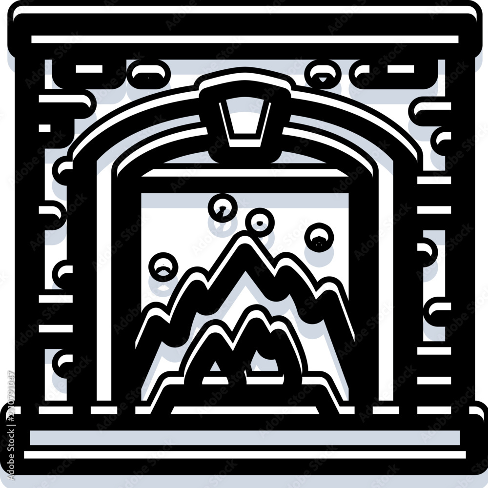 Obraz premium Minimalist black and white graphic illustration depicting a cozy fireplace with a robust stone mantel and an arched opening, featuring animated flames for warmth and comfort