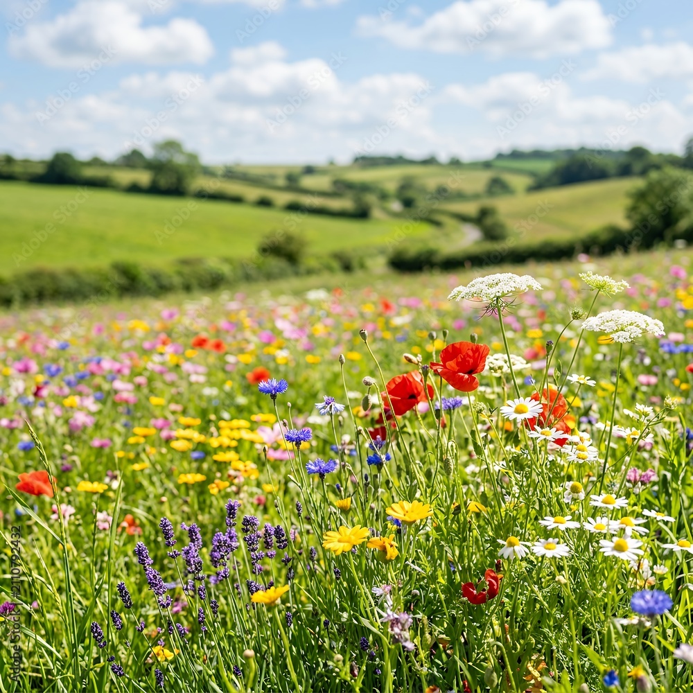 Obraz premium Vibrant Wildflower Meadow in Rolling Green Countryside Under a Blue Sky.