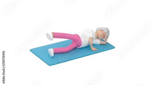 Elderly woman lying on exercise mat and doing side leg lifts 