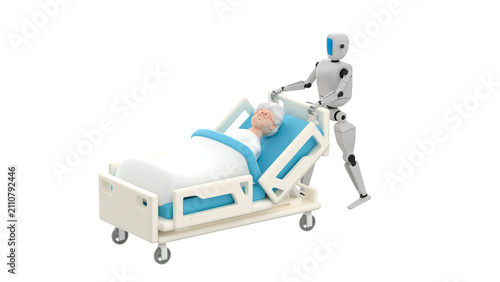 Humanoid robot pushes a medical bed with an elderly woman lying on it