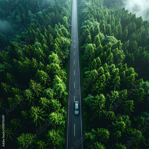 Aerial view of a straight, dark road cutting through a dense, vibrant green forest. A small car travels along the road