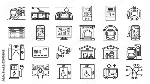 Cuadro en lienzo Public transport icons set, 24 linear vector elements for city transit and subwa
