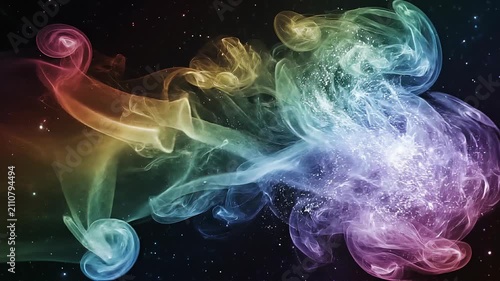 Colorful swirling smoke with sparkling particles on dark background for abstract mystical design