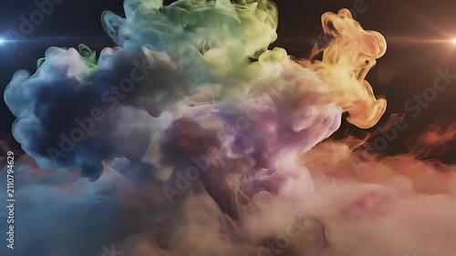Colorful vibrant smoke clouds with dramatic lighting in dark background for creative artistic effect