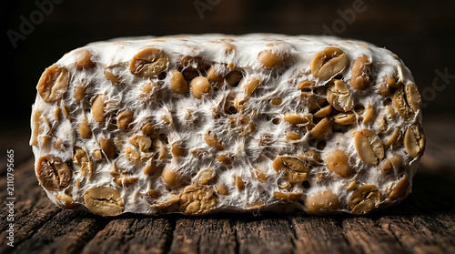 Tempeh Cross Section Macro – White Mycelium Threads Binding Fermented Soybean Texture