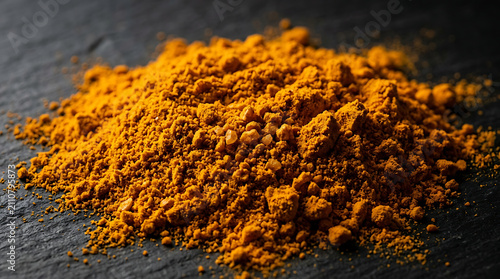 Turmeric Powder Macro Texture – Vivid Golden Orange Fine Grainy Spice Particles Closeup
