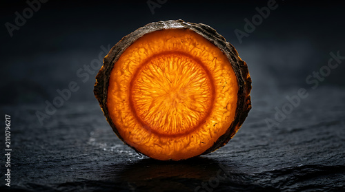 Fresh Turmeric Root Cross Section Macro – Vivid Orange Interior Fibrous Pattern Closeup
