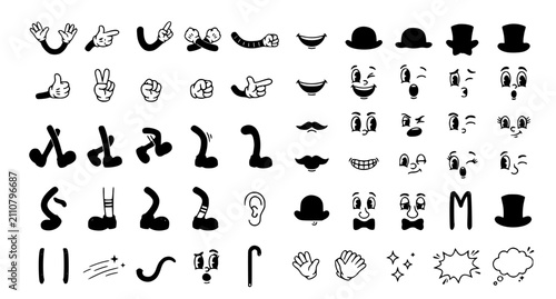 Bild auf Leinwand Vintage Cartoon Character Creation Kit with Retro Rubber Hose Style Hands, Feet,