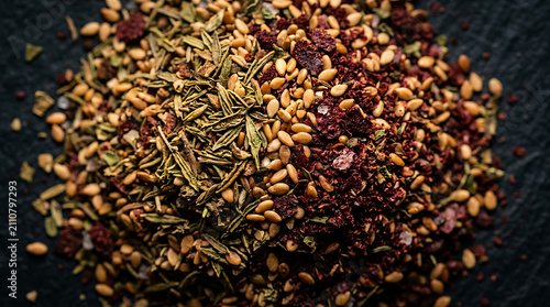 Za'atar Spice Blend Macro Detail – Dried Thyme Sesame Seeds Sumac Particles Texture Closeup